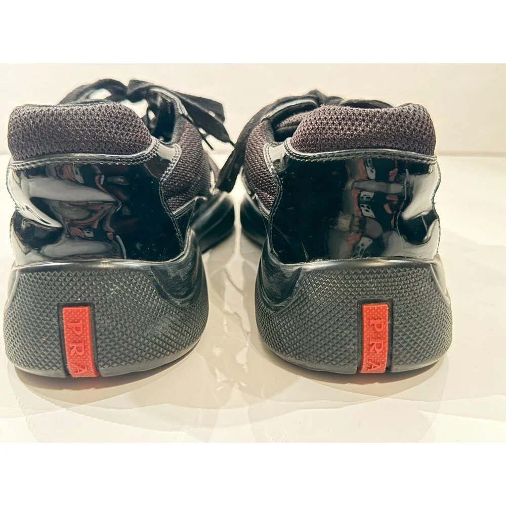 Prada Mens Americas Cup Black Patent Leather Mesh Lace-Up Sneakers US 7
